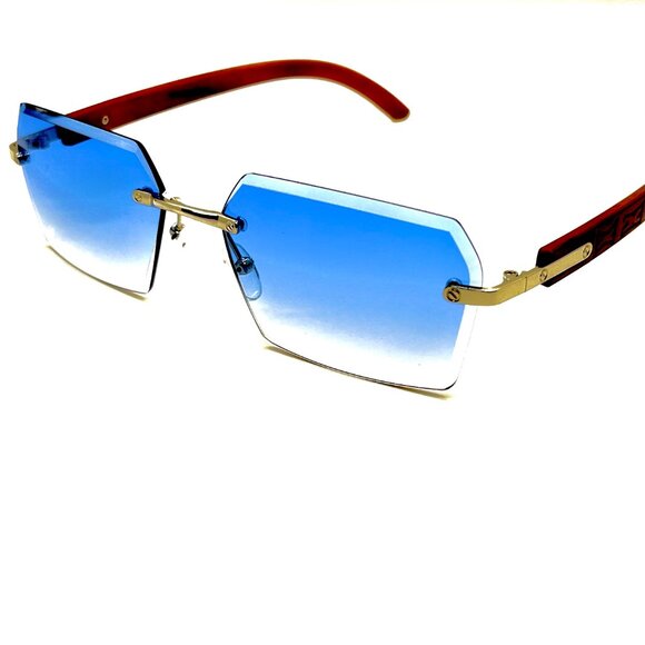 Men Sunglasses Hip Hop Gold Blue Lens Small Retro Designer Rimless Shades Lentes - Picture 1 of 2